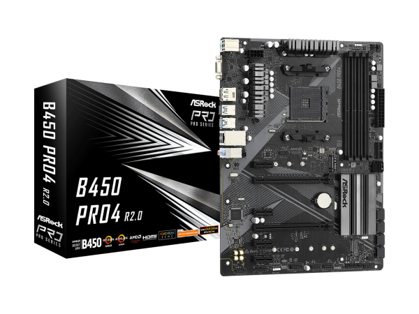 Мат.плата AM4 B450 ASRock B450 Pro4 R2.0 (ATX 4xDDR4 3200 HDMI 2xM.2)